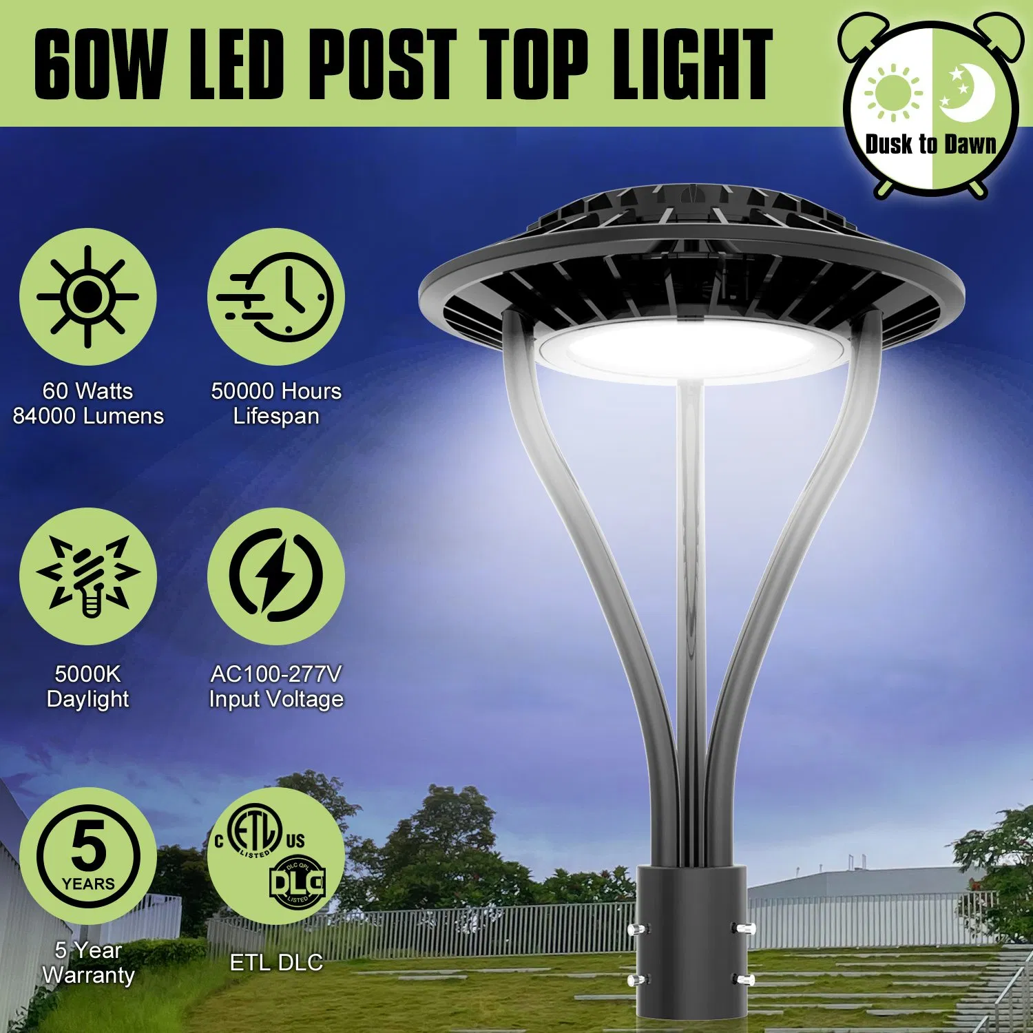 Factory Price IP65 Waterproof 60W 140LM/W SMD3030 LED Post Top Area Light With Built-in Photocell CCT Tunable(3000K/4000K/5000K) 5-Year Warranty For Garden Park