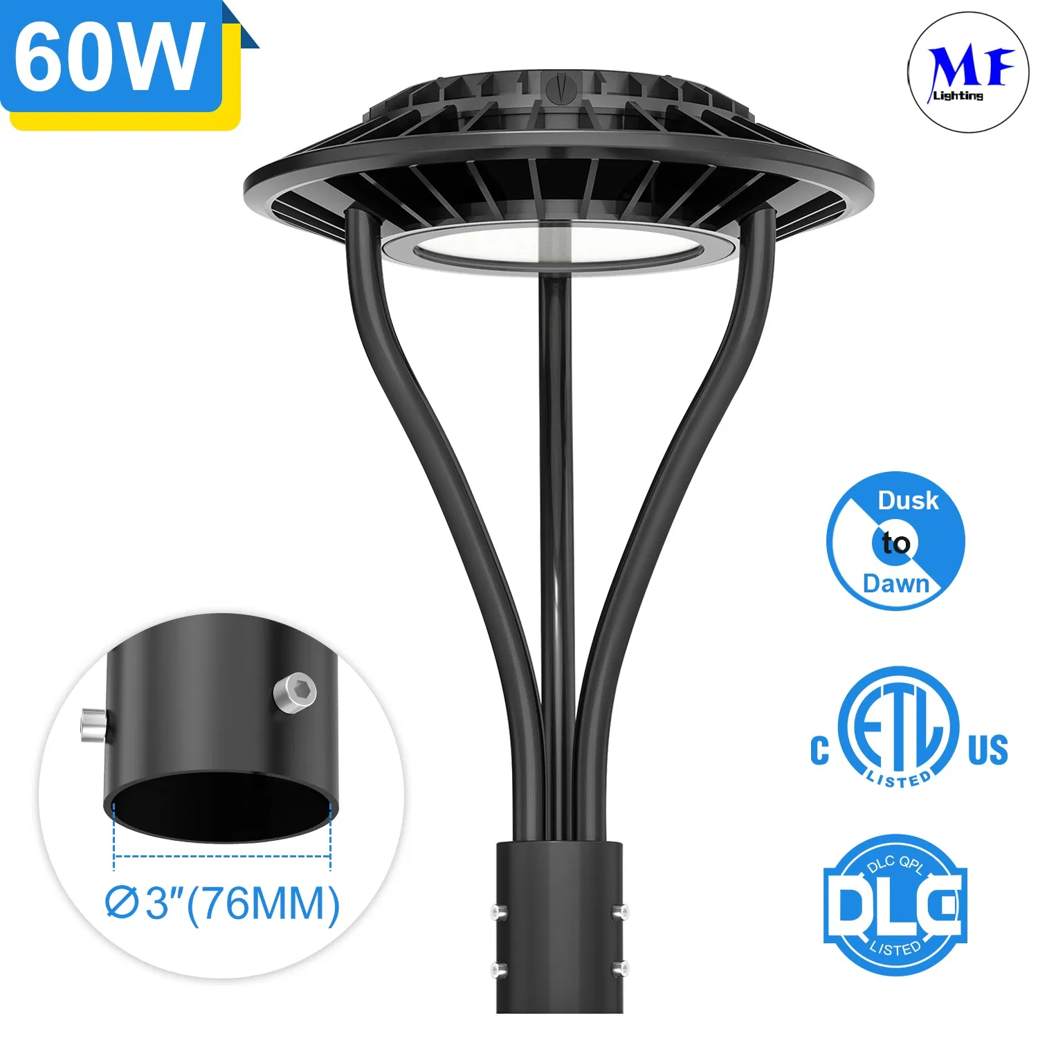 Factory Price IP65 Waterproof 60W 140LM/W SMD3030 LED Post Top Area Light With Built-in Photocell CCT Tunable(3000K/4000K/5000K) 5-Year Warranty For Garden Park