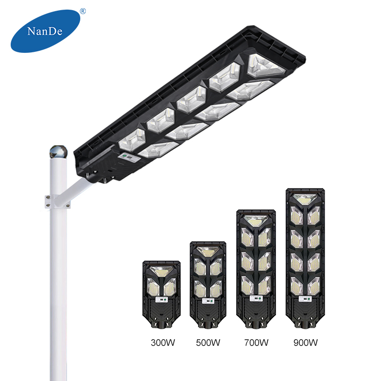 NanDe IP65 Waterproof Outdoor 300W-900W LiFePO4 Battery All In One Solar Street Light for Highways Public Roads