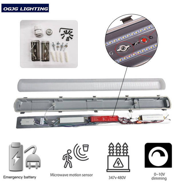 IP66 4ft Weatherproof Tri Proof LED Light Fitting Dimming Sensor Emergency Battery Backup 120 Beam Angle 3000-6500K Color Temp