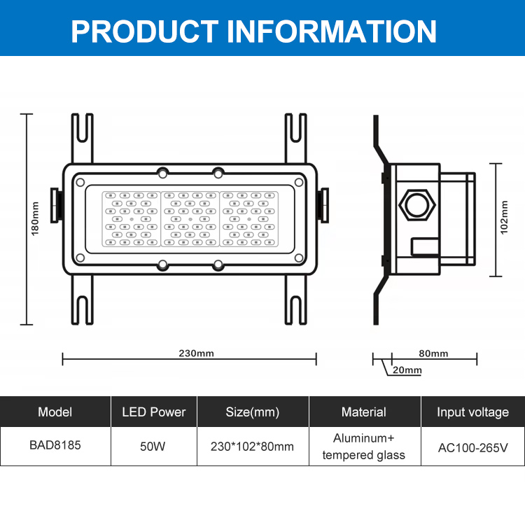 New Subway Tunnel Lighting Tempered Glass Aluminum Ip65 Waterproof Explosion Proof Flood Light 50w Explosion-Proof Lights