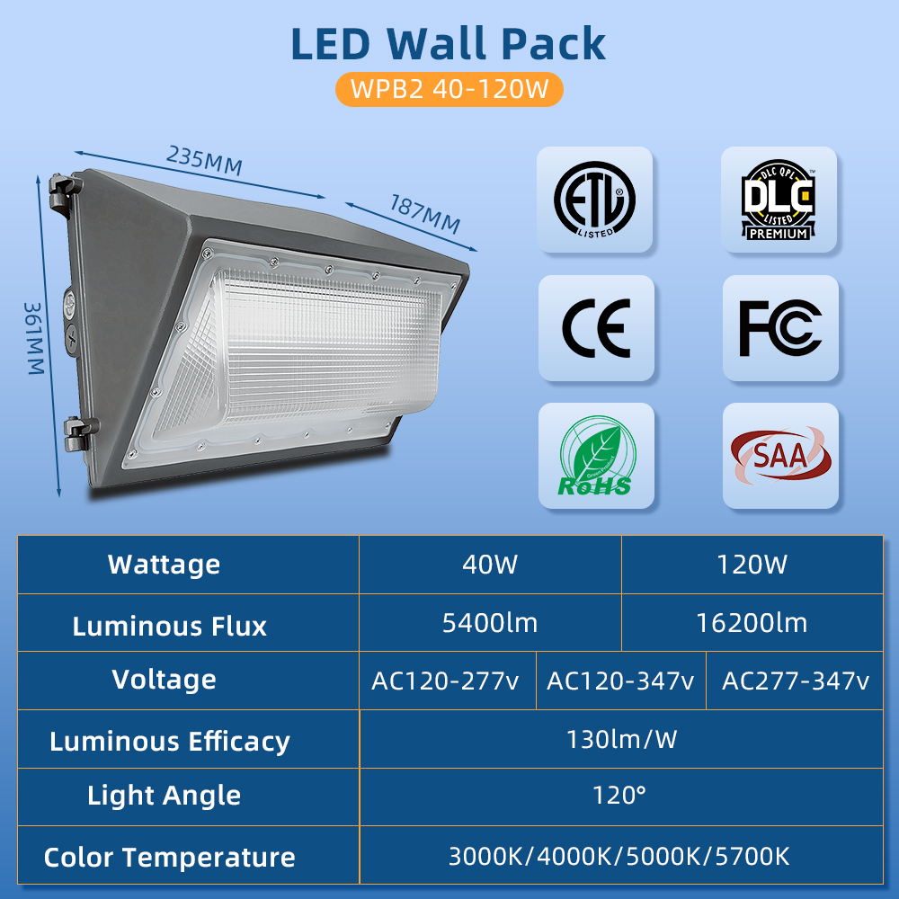 Minglight Outdoor Permanent Wall Pack Light 60W 100W 120W Square Dusk-to-Dawn Sensor LED Aluminum Base Mounted on House Walls