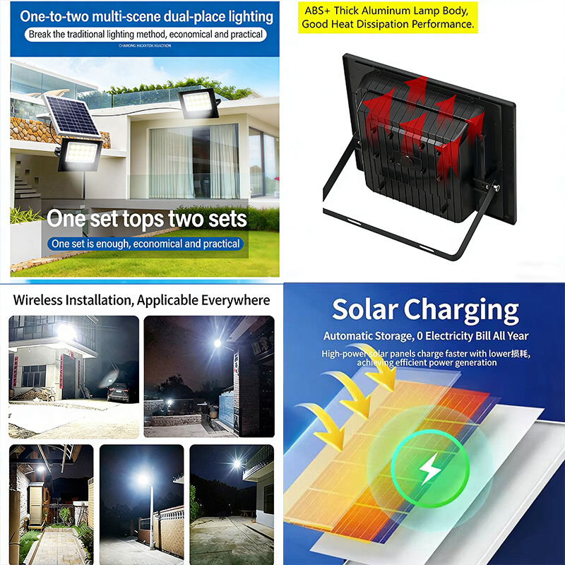 One to Two Solar Floodlights 100W 200W Outdoor Waterproof Rural Home Courtyard Solar Rechargeable LED Lighting Solar Floodlights