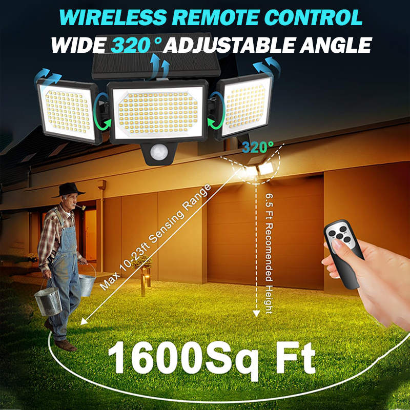 AuSilver Outdoor Remote Security Wall Light 3 Head Motion Sensor Waterproof IP67 Solar Panel for Garden Landscape Solar Light