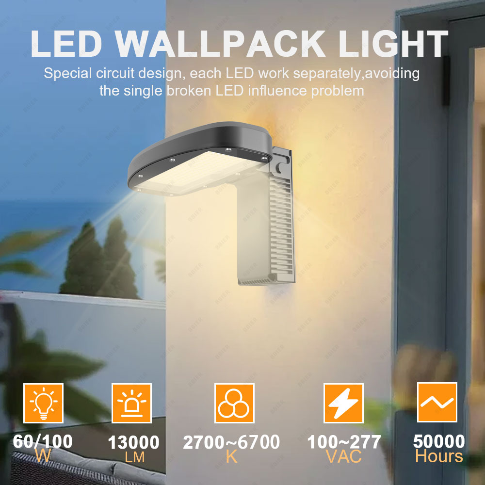 BBIER 60W 100W Outdoor Wall Mounted High Voltage AC 100-277V 5 Years Warranty Commercial Led Wall Pack Light