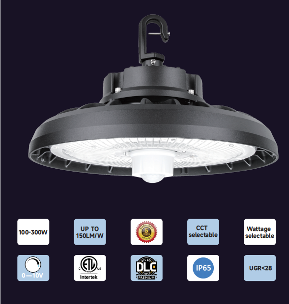 Minglight 3 CCT 3 Power Selectable UFO HighBay Light 100W-300W Warehouse LED UFO High Bay Light Aluminum Lamp Body ETL Certified