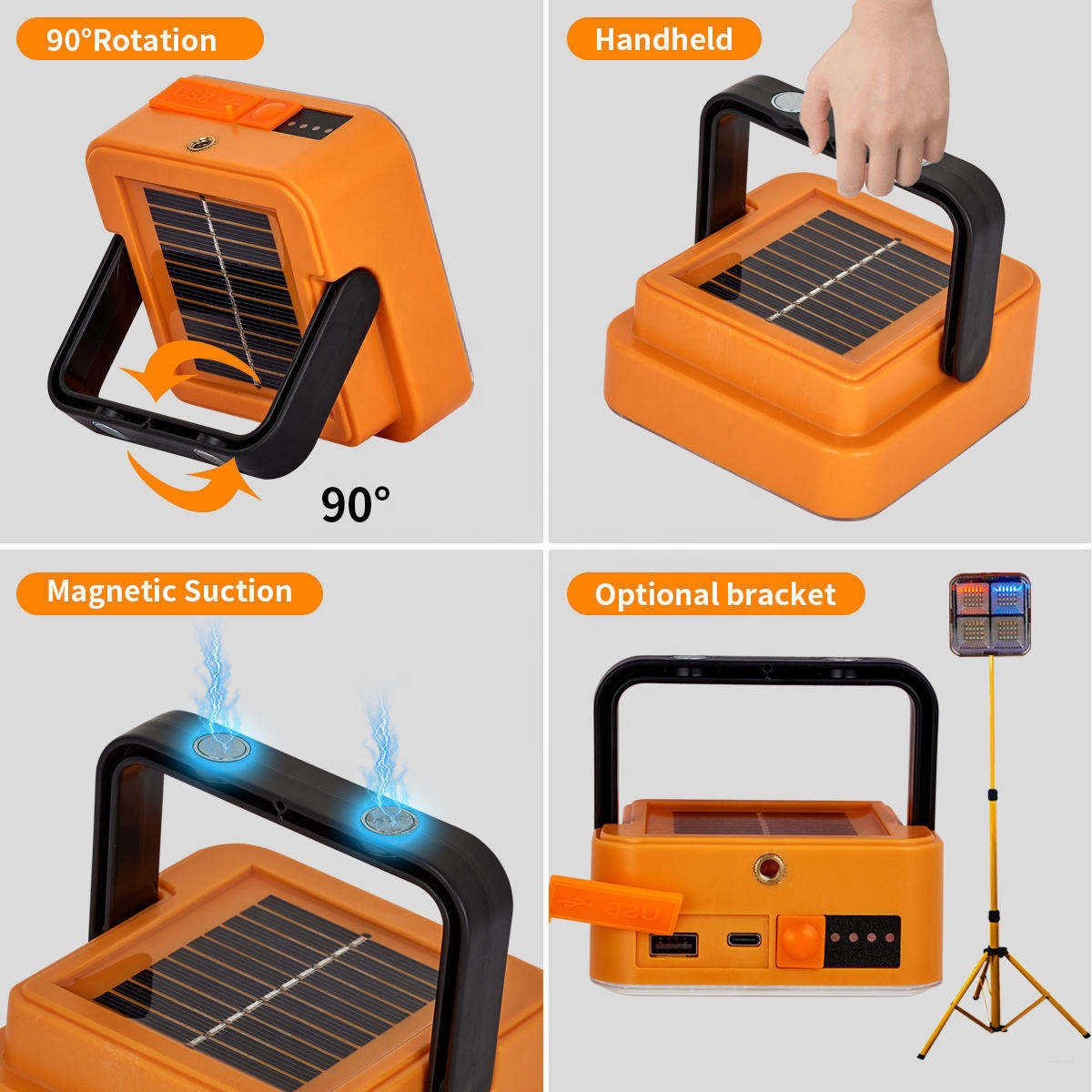 Rechargeable Portable LED Reflector Spotlight with Magnet Strong Light Camping Tent Lamp Solar Flood Light Outdoor