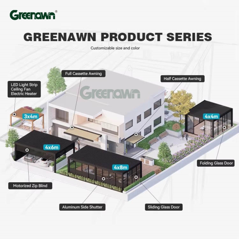 Greenawn Waterproof Louvre Patio Roofs Outdoor Aluminum Pavilion Pergola Roof with Shade Sails