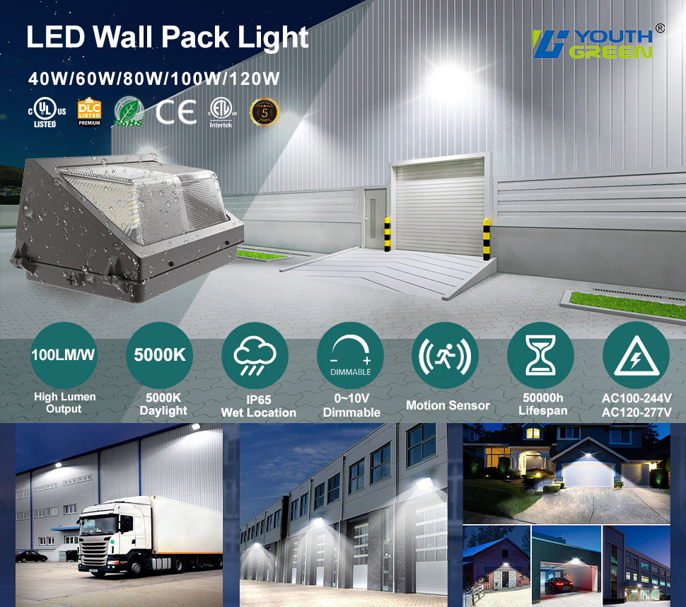 5 Years Warranty DLC Listed LED Wall Pack IP65 Waterproof Rated Wattages CCT Tunable Outdoor Wall Pack for Outdoor Use