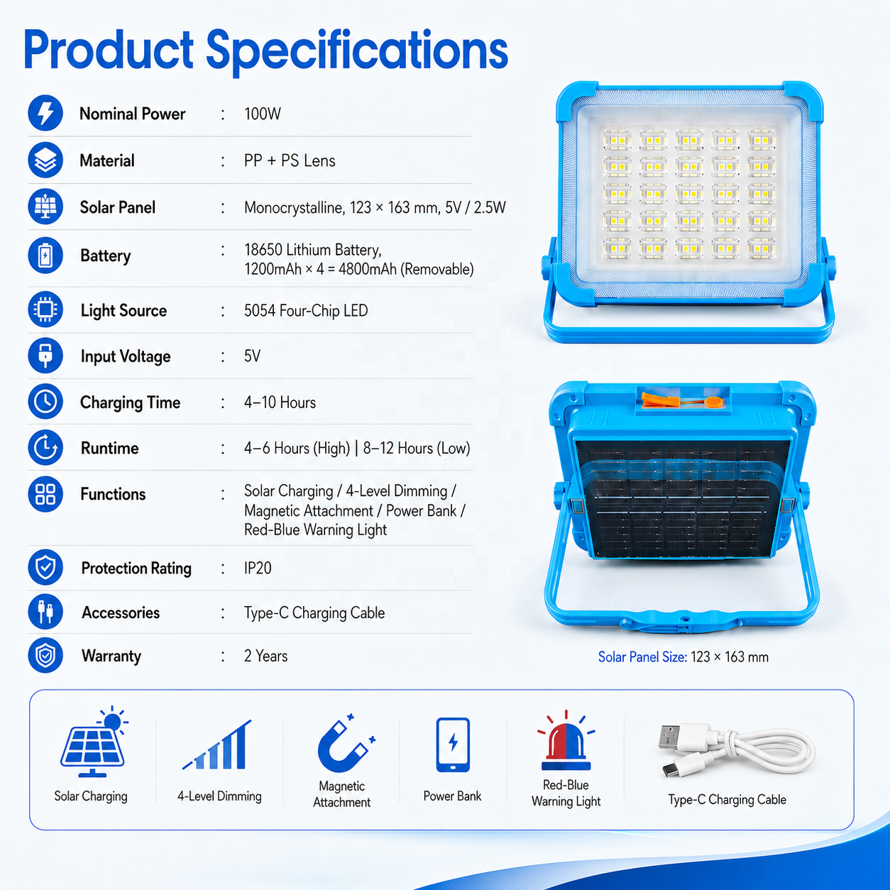 Solar Powered Portable LED Flood Light USB Battery Outdoor Rechargeable Portable Camping Lamp Emergency LED Work Solar Lights