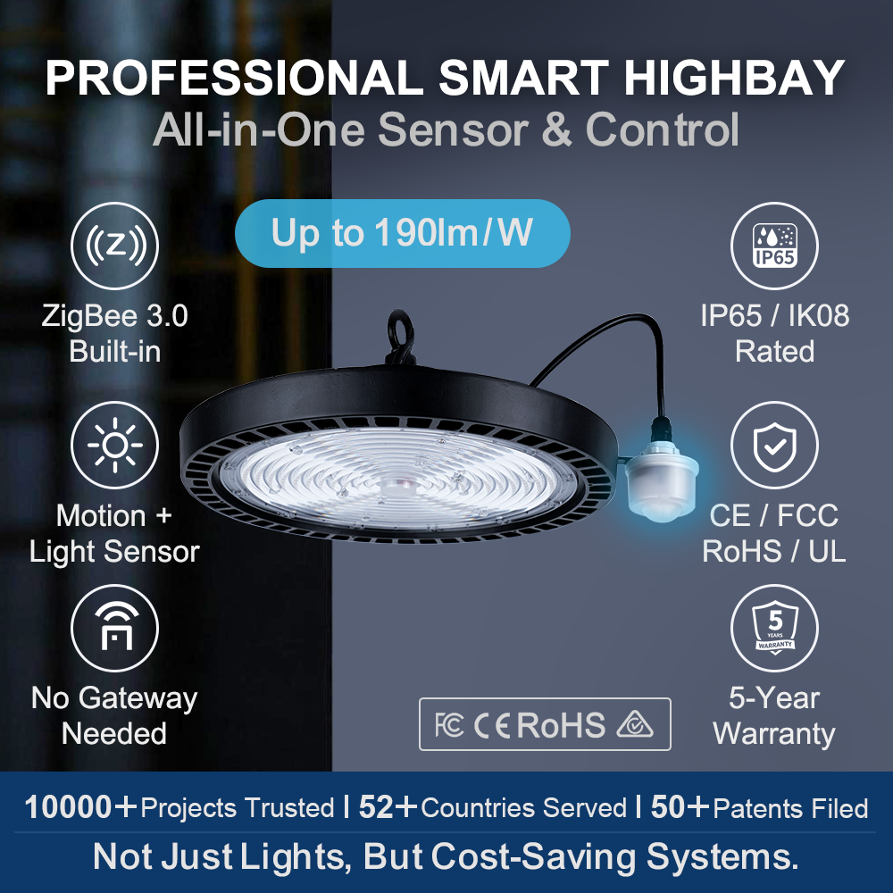 Smart 100W UFO High Bay Light Kit 120lm/W Motion Sensor IP65 Aluminum Warehouse Industrial Lighting Bundle 5-Year Warranty