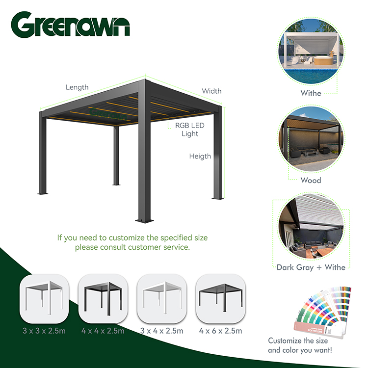 Greenawn Waterproof Louvre Patio Roofs Outdoor Aluminum Pavilion Pergola Roof with Shade Sails