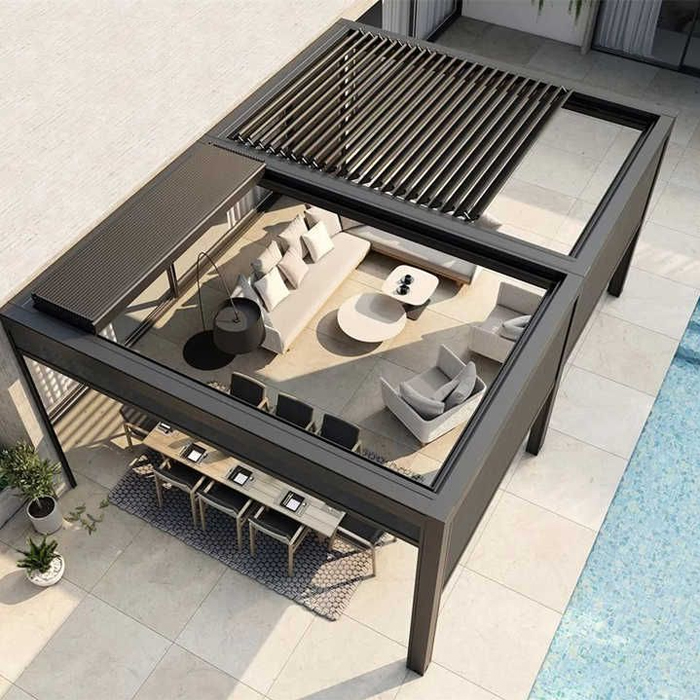 DEEZON Retractable Motorized Aluminum Louvered Roof Waterproof Dimmable Rgb Lighting Luxury Bioclimatic Pergola System