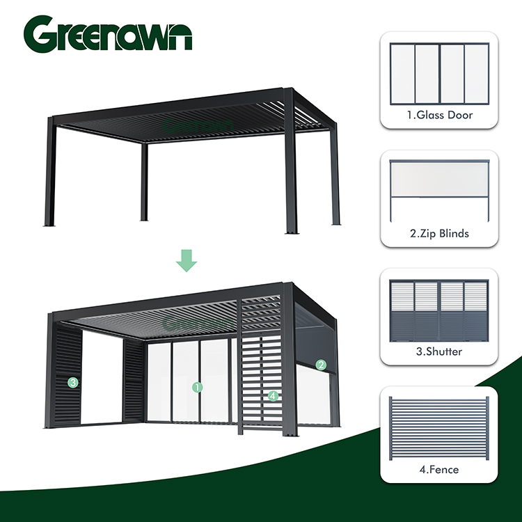 Greenawn Waterproof Louvre Patio Roofs Outdoor Aluminum Pavilion Pergola Roof with Shade Sails