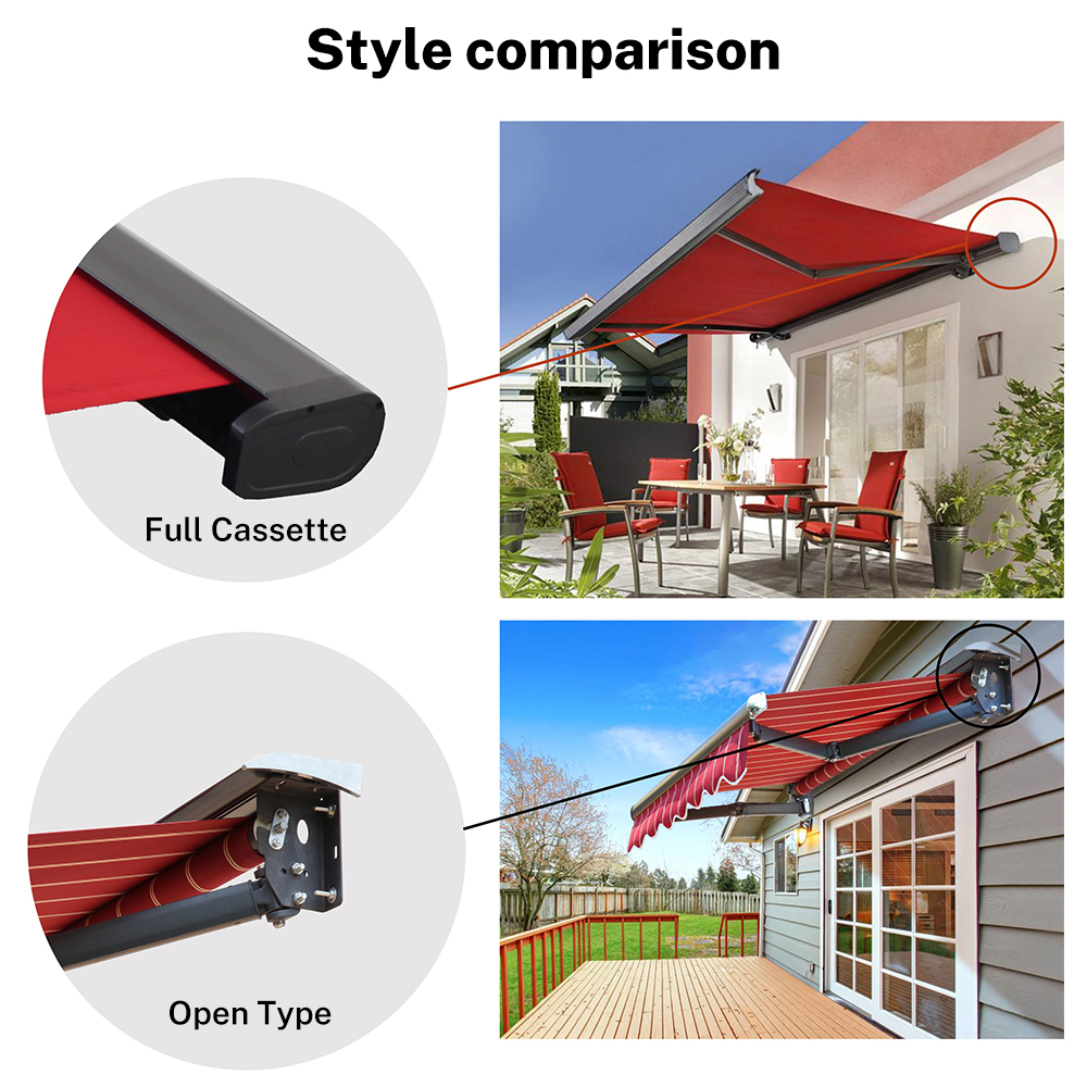 Electric Full Box Retractable Motorized Awning Canopy Windproof Sunshade Rain Cover LED Strips Acrylic Outdoor Retractable