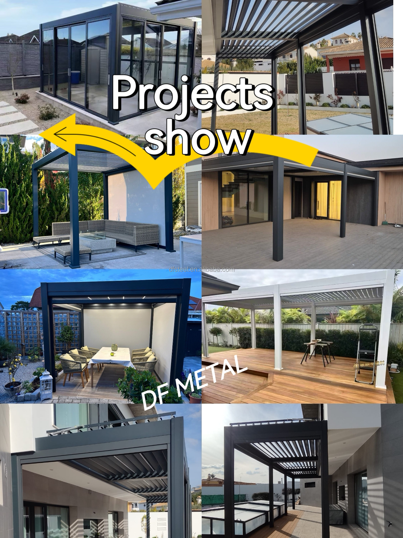 DF Tec Outdoor Aluminium Canopy Wall Mounted Waterproof Louver Opening Roof Cover Motorized Pergola Gazebo