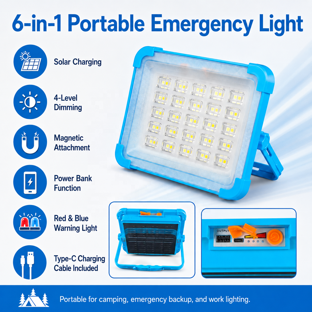 Solar Powered Portable LED Flood Light USB Battery Outdoor Rechargeable Portable Camping Lamp Emergency LED Work Solar Lights