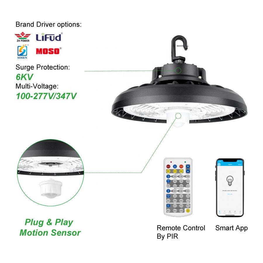 100-347V 277V 120V 3 Wattages 3 CCT Changeable 160lm/w LED UFO Bay Light For Warehouse Indoor Using 100W 150W 200W 240W