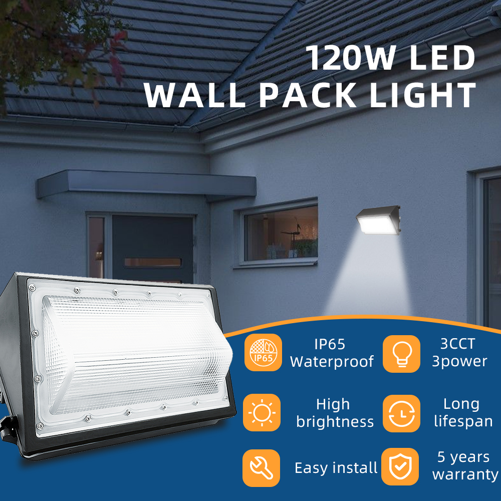 Minglight Outdoor Permanent Wall Pack Light 60W 100W 120W Square Dusk-to-Dawn Sensor LED Aluminum Base Mounted on House Walls