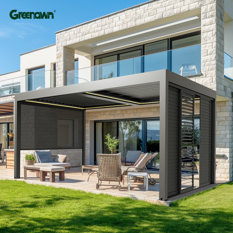 Greenawn Waterproof Louvre Patio Roofs Outdoor Aluminum Pavilion Pergola Roof with Shade Sails