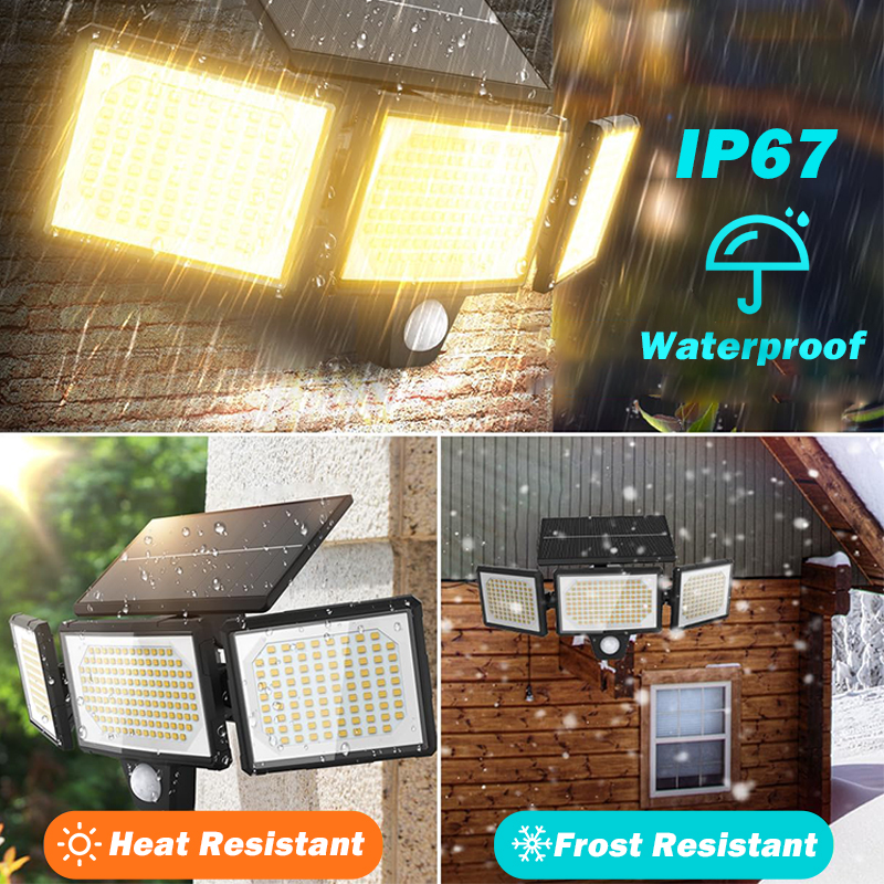 AuSilver Outdoor Remote Security Wall Light 3 Head Motion Sensor Waterproof IP67 Solar Panel for Garden Landscape Solar Light