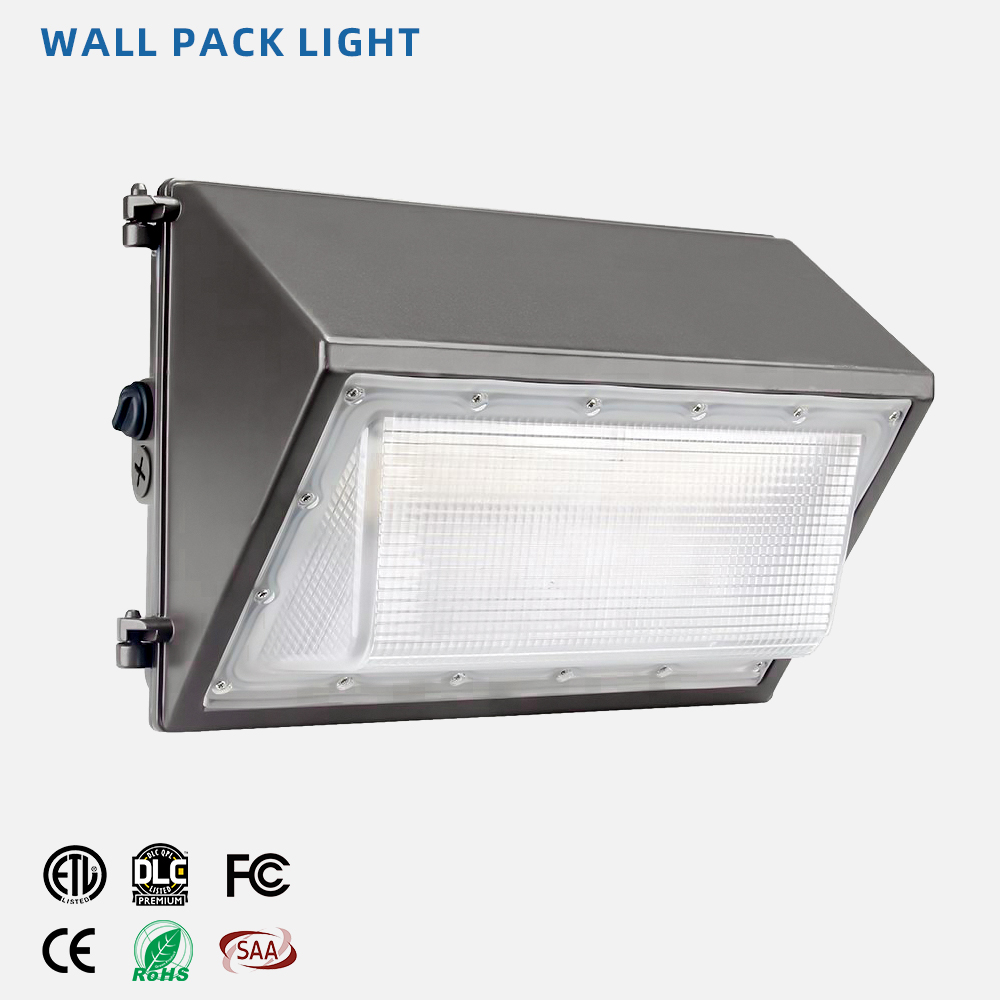 Minglight Outdoor Permanent Wall Pack Light 60W 100W 120W Square Dusk-to-Dawn Sensor LED Aluminum Base Mounted on House Walls