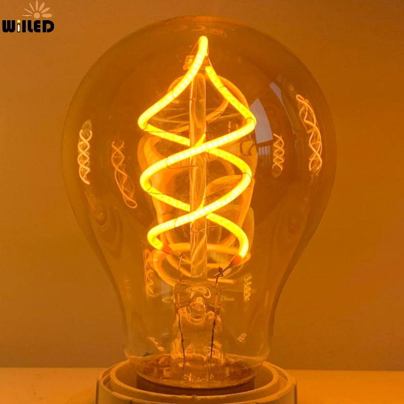 Antique Dimmable A19 A60 Edison LED Filament Light Bulb 4W with spiral Soft Filament Lighting E27 Base for Decoration &amp; Atmosphere
