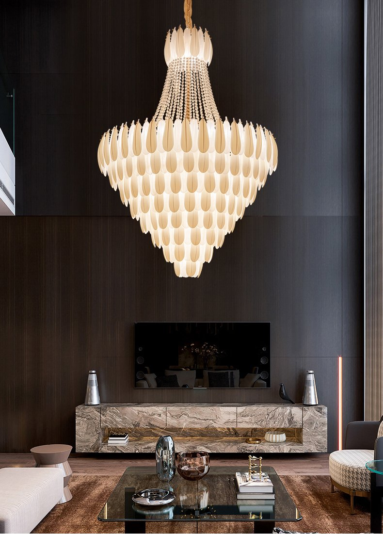 Stair Chandelier Feather Design Glass Shade E27 LED Bulb Hotel Lobby