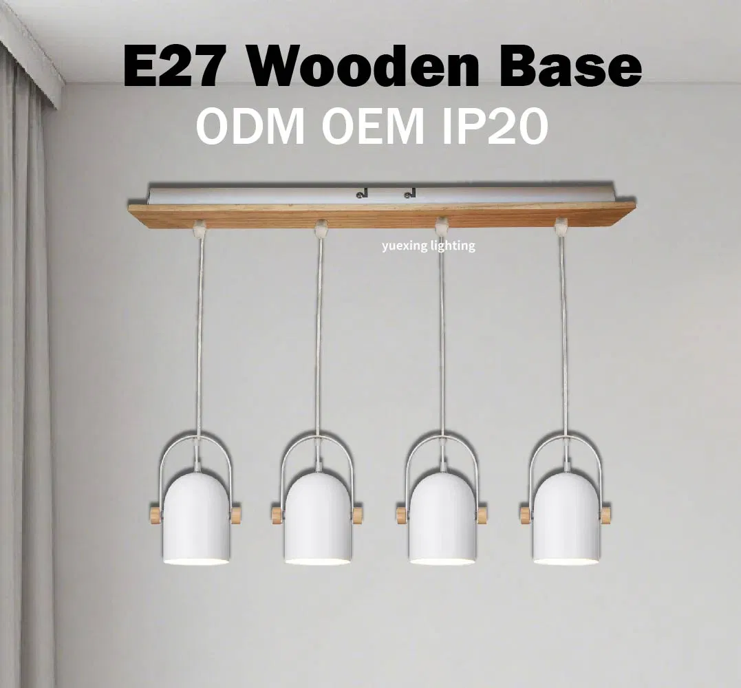 Modern Nordic Style Wooden Pattern Metal Round E27 4-Lamp Hanging Chandelier Ceiling Pendant Light Interior Decorative White Lighting for Living Room, Bedroom