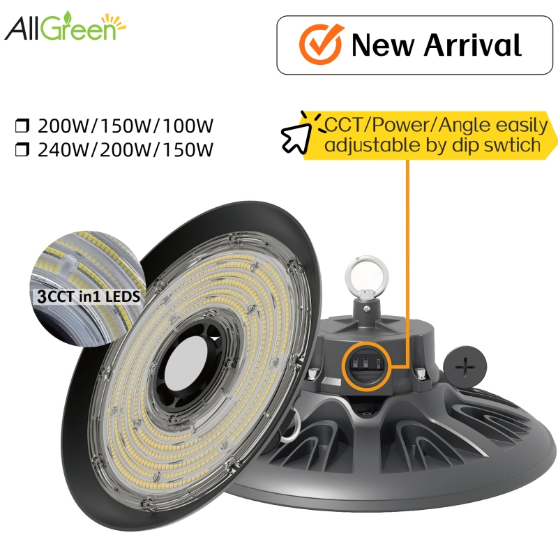 Multi-Adjustable Industrial UFO Lighting DIP Switches Enable CCT, Wattage, and Beam Tuning, Energy-Efficient LED High Bay Design