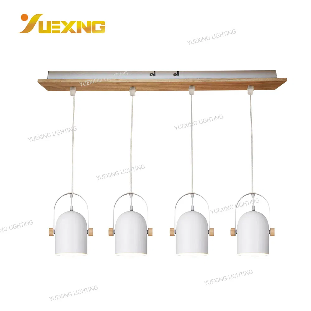 Modern Nordic Style Wooden Pattern Metal Round E27 4-Lamp Hanging Chandelier Ceiling Pendant Light Interior Decorative White Lighting for Living Room, Bedroom