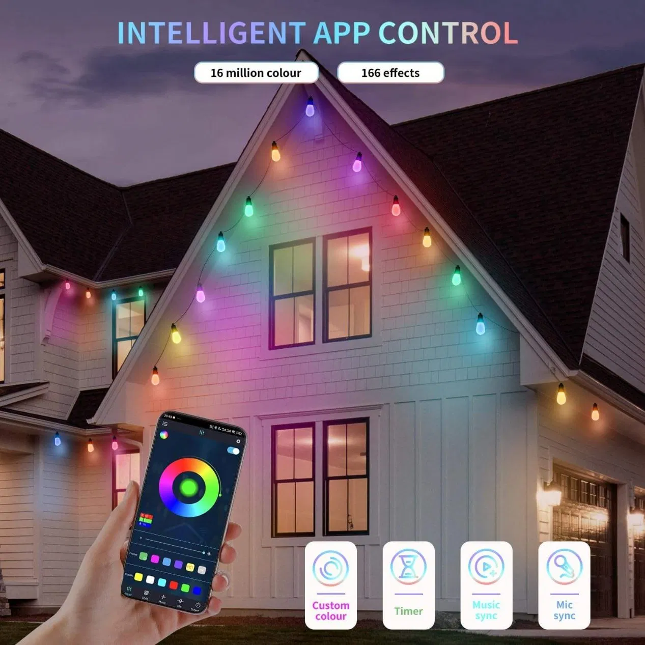 20W 100FT LED String Lights RGBW Color Changing Outdoor IP65 Waterproof Remote APP Control Dimmable Christmas Lights 40 Bulbs