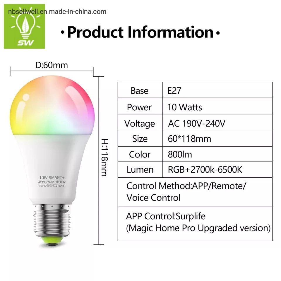 LED Lamp A65/70/80 3/5/7/9/11/15/18W Lights LED WiFi Smart Intelligent Lighting Bulb with RGB Color Change CCT Changing Smart Phone APP Control LED Bulb