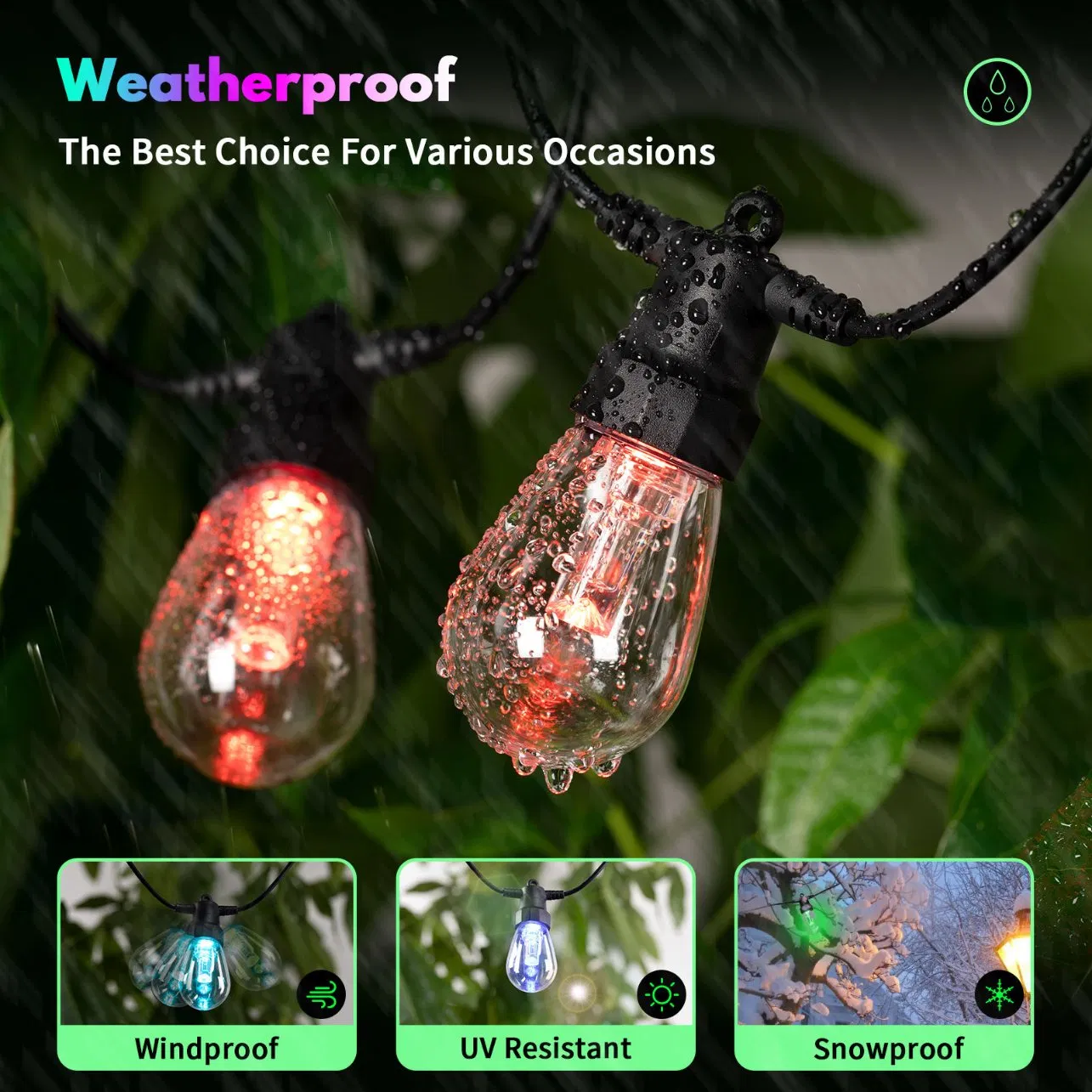 20W 100FT LED String Lights RGBW Color Changing Outdoor IP65 Waterproof Remote APP Control Dimmable Christmas Lights 40 Bulbs