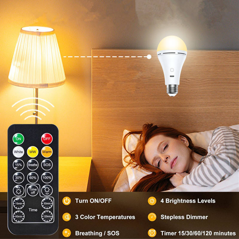 E26 or E27 9W Touch Control USB Rechargeable LED Dimmable Emergency Light Bulb with Remote Control for Wall Table Floor Lamps