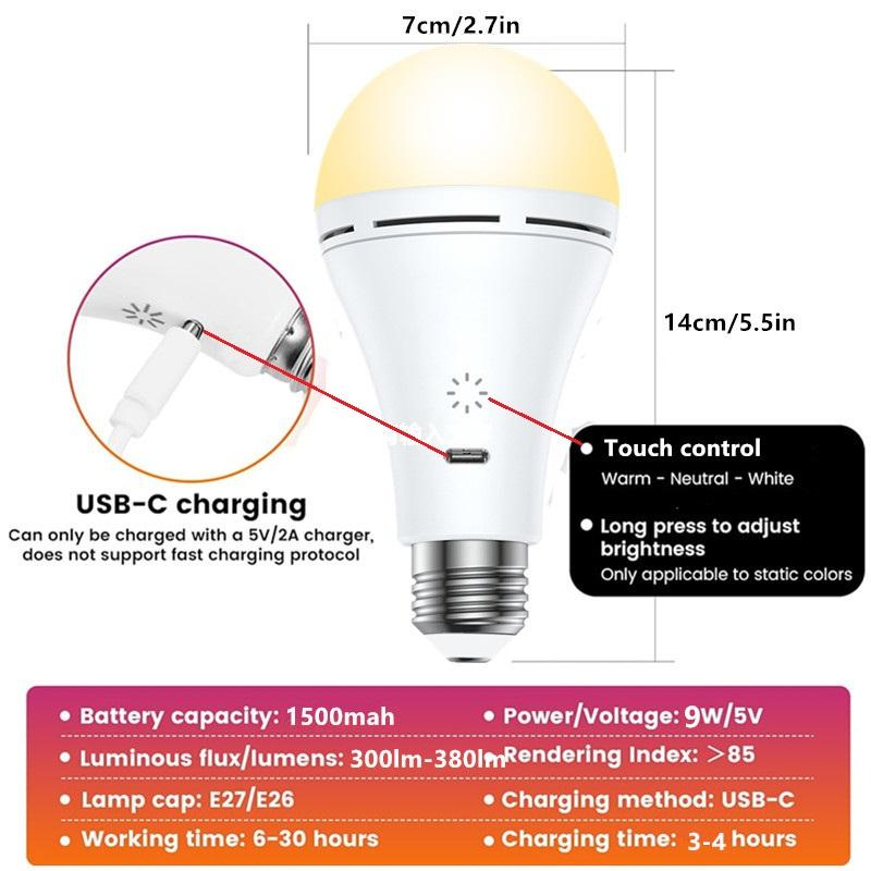 E26 or E27 9W Touch Control USB Rechargeable LED Dimmable Emergency Light Bulb with Remote Control for Wall Table Floor Lamps