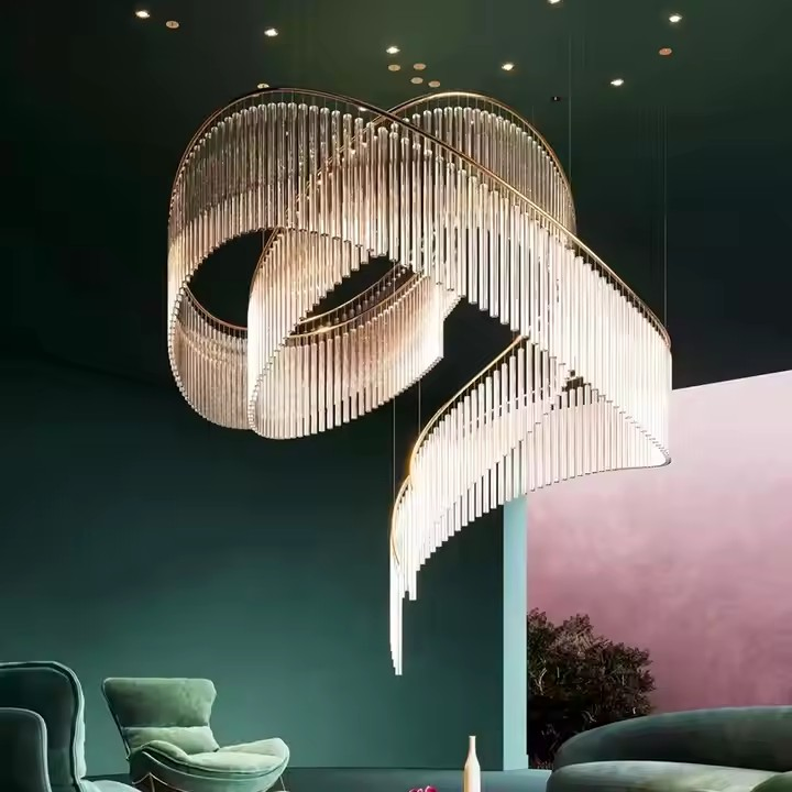 Luxury Crystal Glass Column Banquet Hall High Ceiling Chandelier Glass Art Designer Hotel Lobby RGB Customized Pendant Lighting