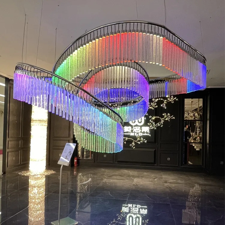 Luxury Crystal Glass Column Banquet Hall High Ceiling Chandelier Glass Art Designer Hotel Lobby RGB Customized Pendant Lighting