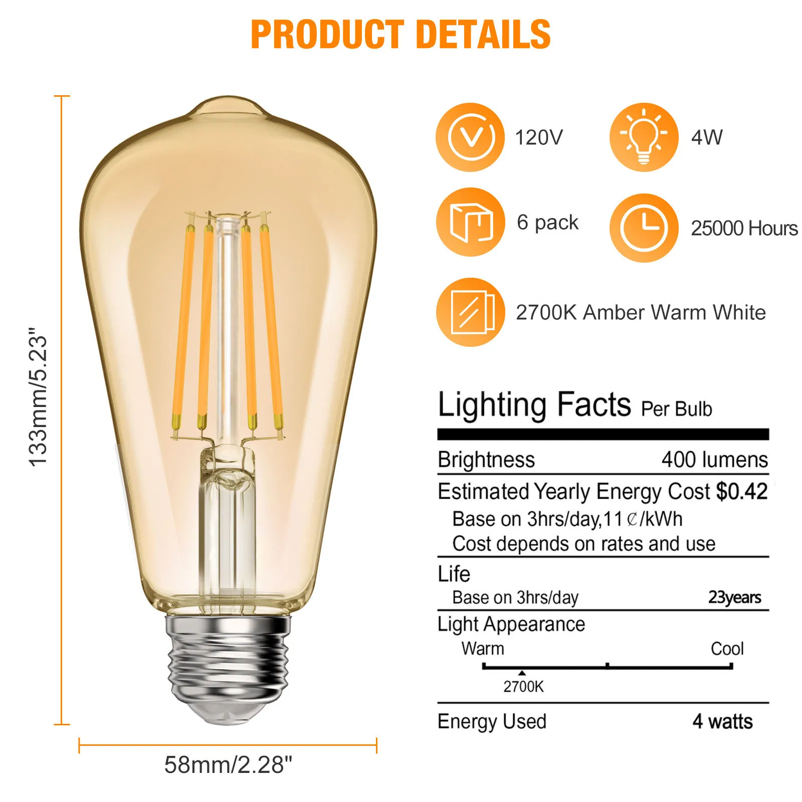 Energy Saving 4W Dimmable St58 St19 Vintage Edison Amber LED Light Bulbs Clear LED Filament Bulb