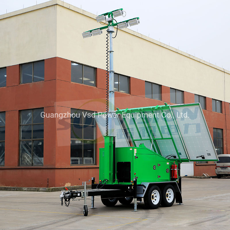 Solar Powered Lighting with Mobile Trailer. Security Tower with Solar Panel