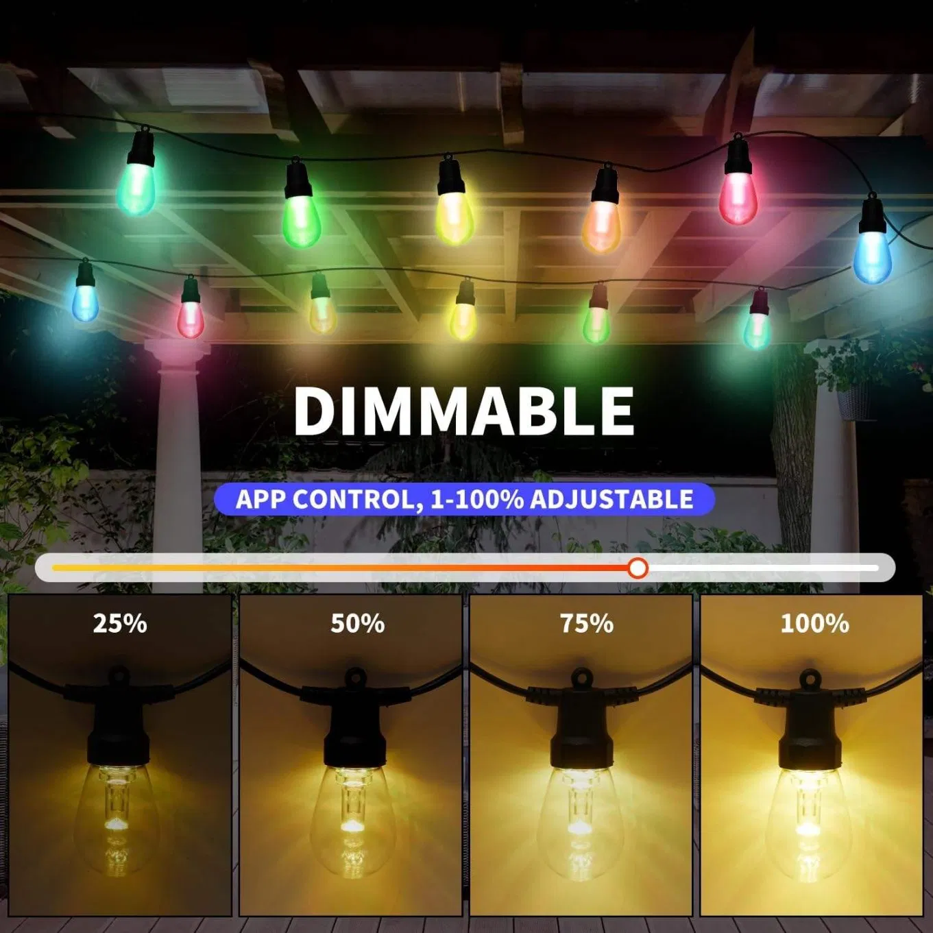 20W 100FT LED String Lights RGBW Color Changing Outdoor IP65 Waterproof Remote APP Control Dimmable Christmas Lights 40 Bulbs