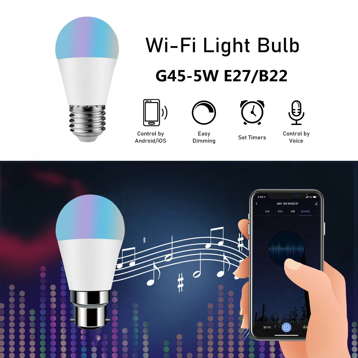 Alexa Google Home Voice Control Dimmable Wi-Fi Smart LED Light Bulb Tuya G45 5W 85-265V LED Global Bulb RGB Color Changing for Home Decoration Indoor Lighting