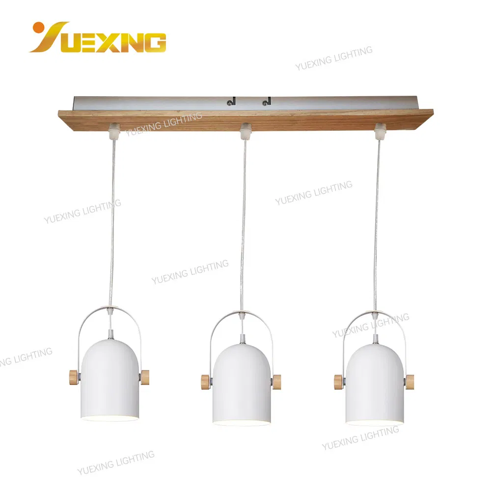 Modern Nordic Style Wooden Pattern Metal Round E27 4-Lamp Hanging Chandelier Ceiling Pendant Light Interior Decorative White Lighting for Living Room, Bedroom