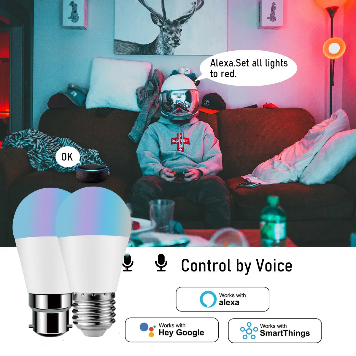 Alexa Google Home Voice Control Dimmable Wi-Fi Smart LED Light Bulb Tuya G45 5W 85-265V LED Global Bulb RGB Color Changing for Home Decoration Indoor Lighting