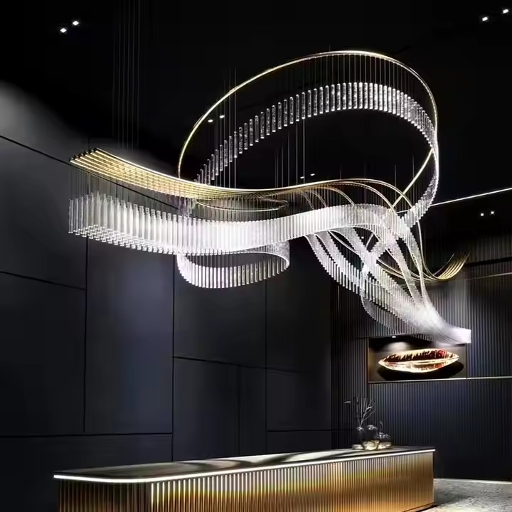 Luxury Crystal Glass Column Banquet Hall High Ceiling Chandelier Glass Art Designer Hotel Lobby RGB Customized Pendant Lighting
