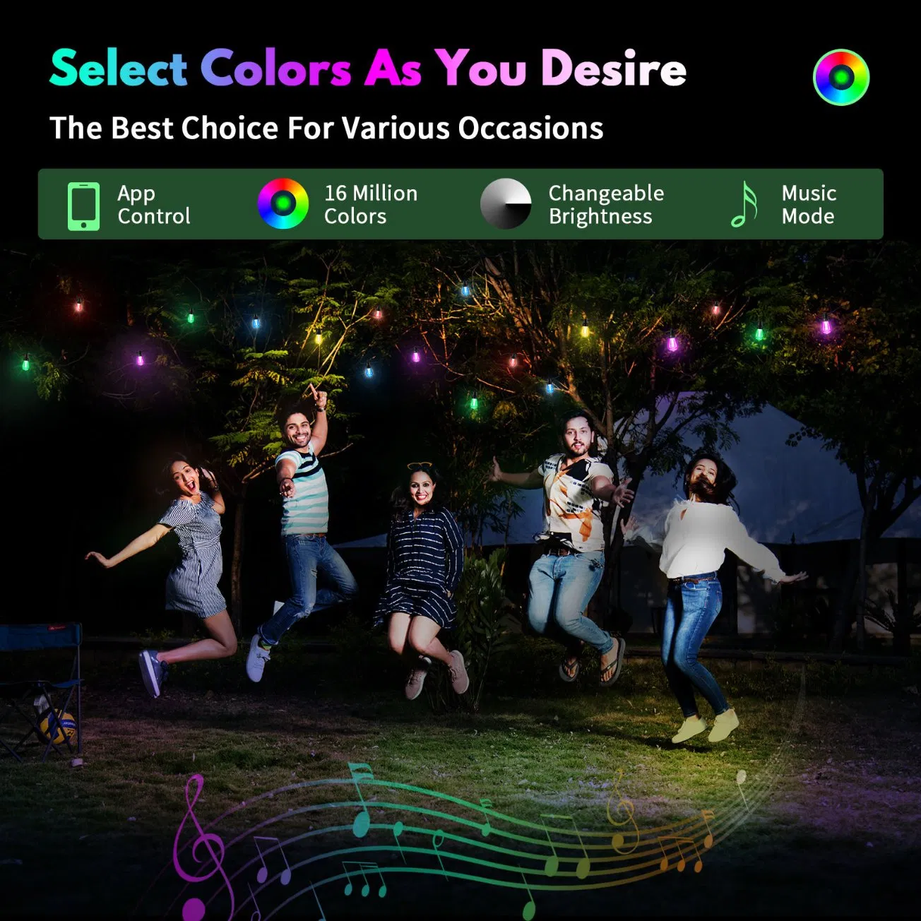 20W 100FT LED String Lights RGBW Color Changing Outdoor IP65 Waterproof Remote APP Control Dimmable Christmas Lights 40 Bulbs