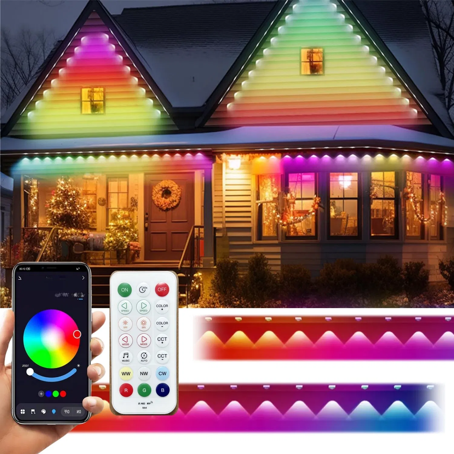 108FT Smart RGBW LED Permanent Outdoor Eave Light Waterproof 72LEDs Remote APP Christmas Holiday Decoration