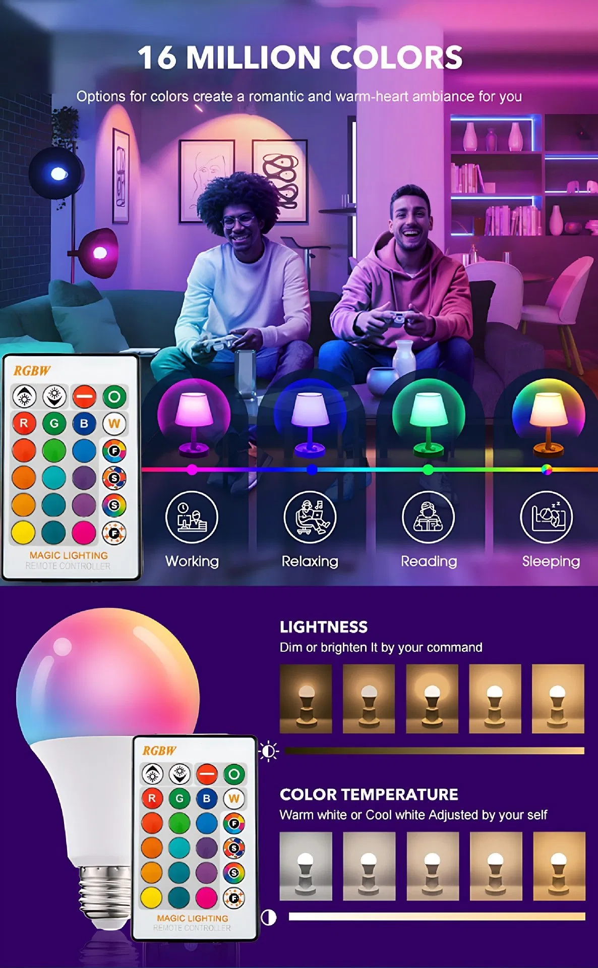 RGBW Dimmable 5W 10W 15W LED Color Changing Light Bulb Remote Control Smart RGB Bulb with E26/E27/B22 Base Memory Function