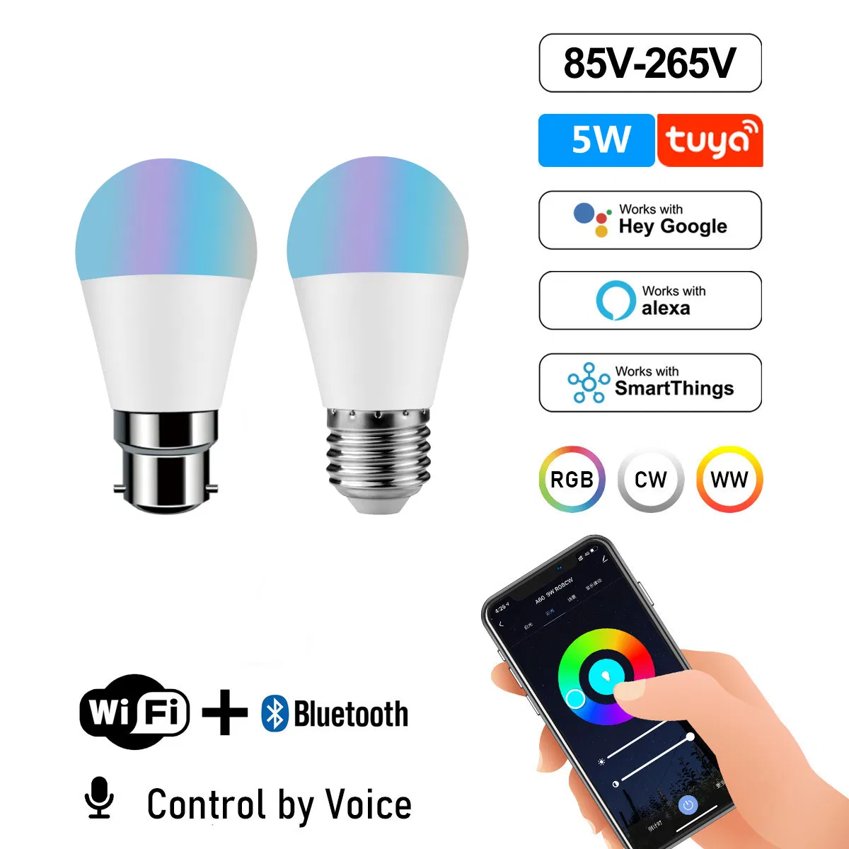 Alexa Google Home Voice Control Dimmable Wi-Fi Smart LED Light Bulb Tuya G45 5W 85-265V LED Global Bulb RGB Color Changing for Home Decoration Indoor Lighting