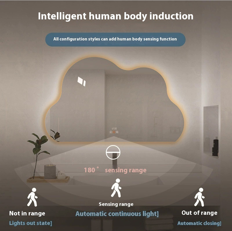 Irregular-Shaped Smart Mirror, Anti-Fog Bathroom Mirror, Wall-Mounted LED Makeup Mirror with Induction Lighting and Touch-Controlled Cloud-Shaped Design.